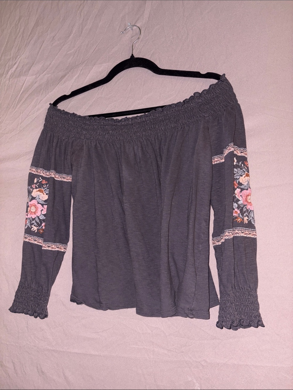American Eagle Boho Dark Grey Off-Shoulder Embroidered Sleeve Top